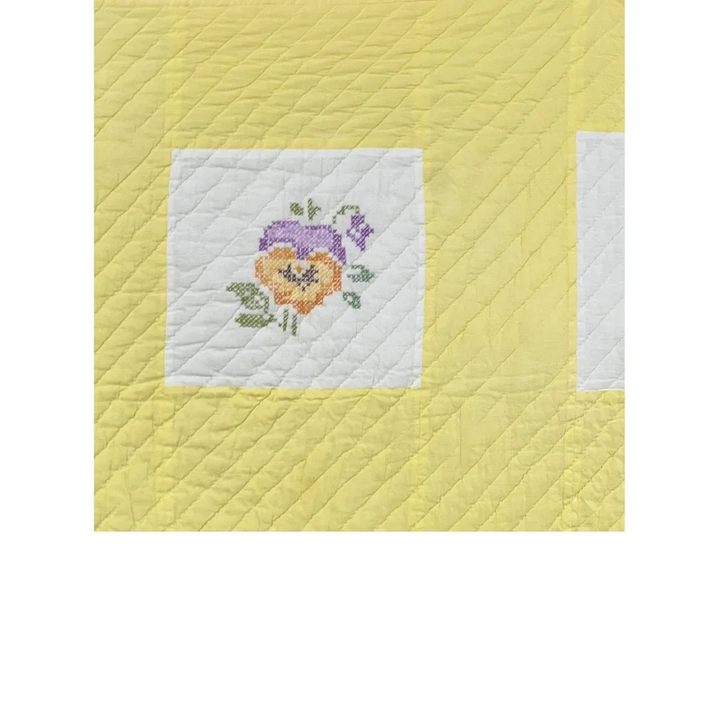 Vintage Handmade Pansy Quilt Hand Embroidered Twin Full Yellow 64x82